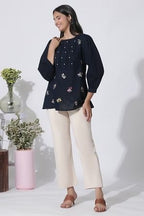 W for Woman Navy Blue Embroidered Cotton Top With Schiffli Yoke | Grocsy