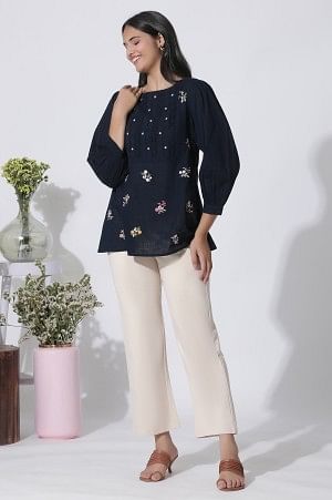 W for Woman Navy Blue Embroidered Cotton Top With Schiffli Yoke | Grocsy