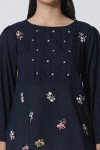 W for Woman Navy Blue Embroidered Cotton Top With Schiffli Yoke | Grocsy