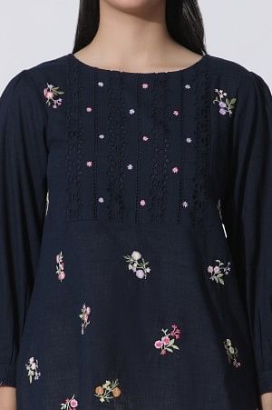 W for Woman Navy Blue Embroidered Cotton Top With Schiffli Yoke | Grocsy