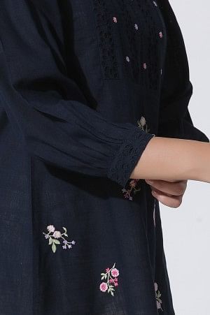W for Woman Navy Blue Embroidered Cotton Top With Schiffli Yoke | Grocsy