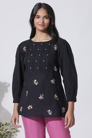W for Woman Black Embroidered Cotton Top With Schiffli Yoke | Grocsy
