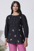 W for Woman Black Embroidered Cotton Top With Schiffli Yoke | Grocsy
