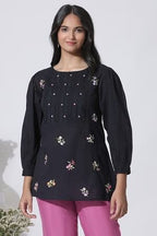 W for Woman Black Embroidered Cotton Top With Schiffli Yoke | Grocsy