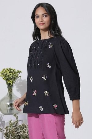 W for Woman Black Embroidered Cotton Top With Schiffli Yoke | Grocsy