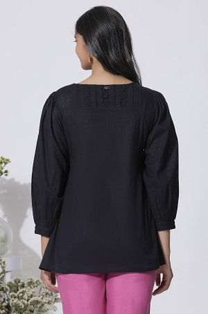W for Woman Black Embroidered Cotton Top With Schiffli Yoke | Grocsy