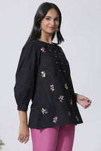 W for Woman Black Embroidered Cotton Top With Schiffli Yoke | Grocsy