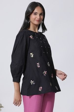 W for Woman Black Embroidered Cotton Top With Schiffli Yoke | Grocsy