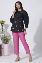 W for Woman Black Embroidered Cotton Top With Schiffli Yoke | Grocsy