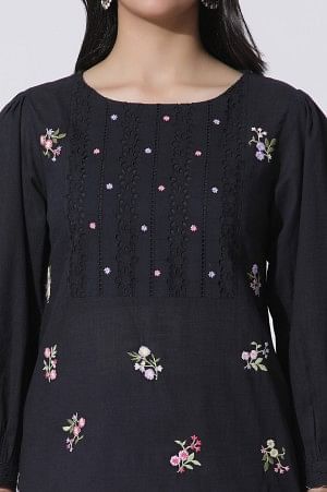W for Woman Black Embroidered Cotton Top With Schiffli Yoke | Grocsy