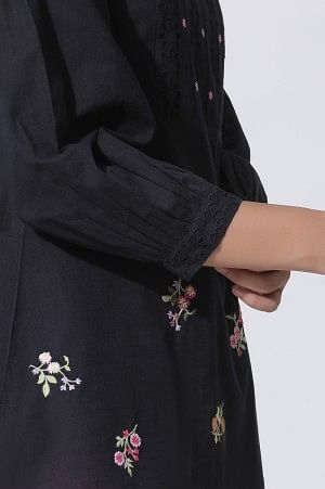 W for Woman Black Embroidered Cotton Top With Schiffli Yoke | Grocsy