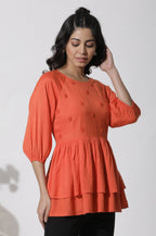 W for Woman Orange Embroidered Peplum Top | Grocsy