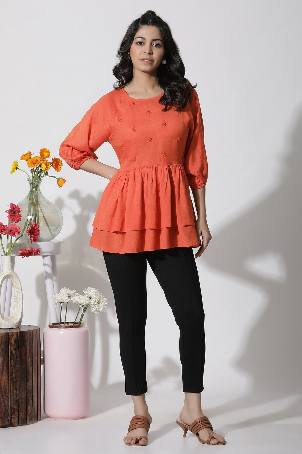 W for Woman Orange Embroidered Peplum Top | Grocsy
