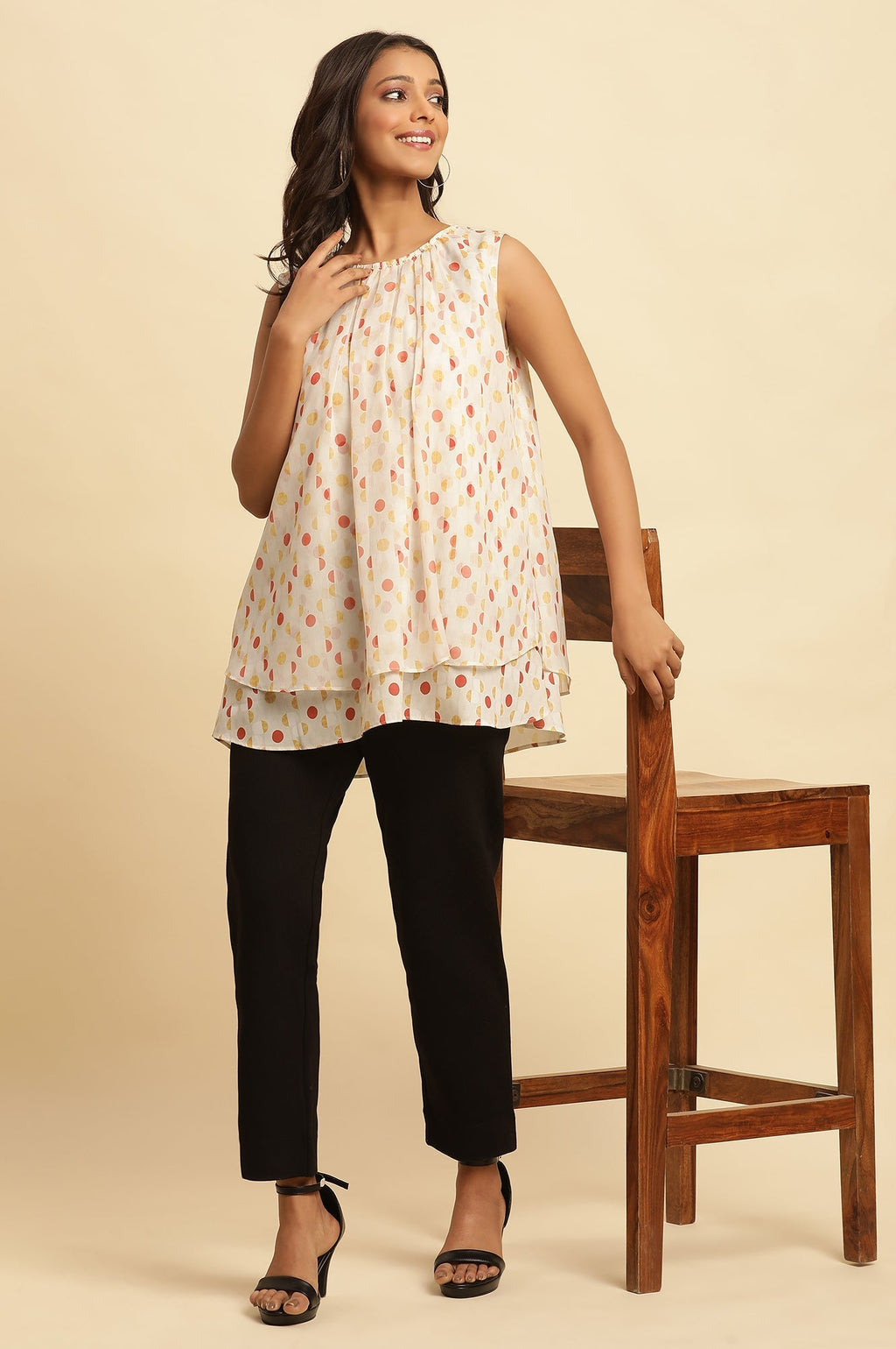 W for Woman White Polka Dot Printed Layered Top | Grocsy