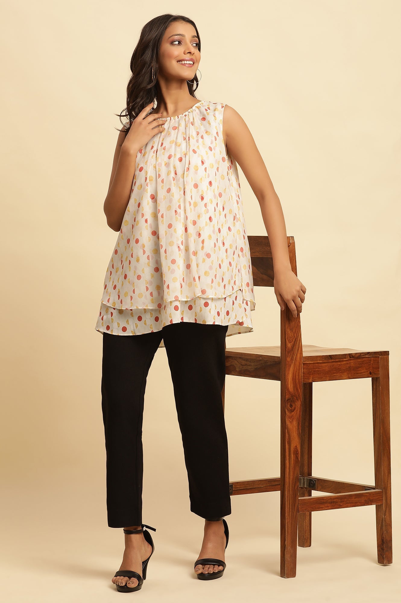 W for Woman White Polka Dot Printed Layered Top | Grocsy