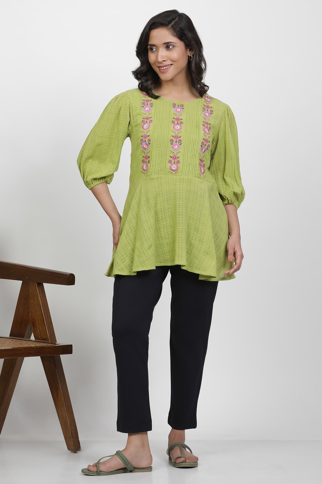 W for Woman Green Thread Embroidered Peplum Top | Grocsy
