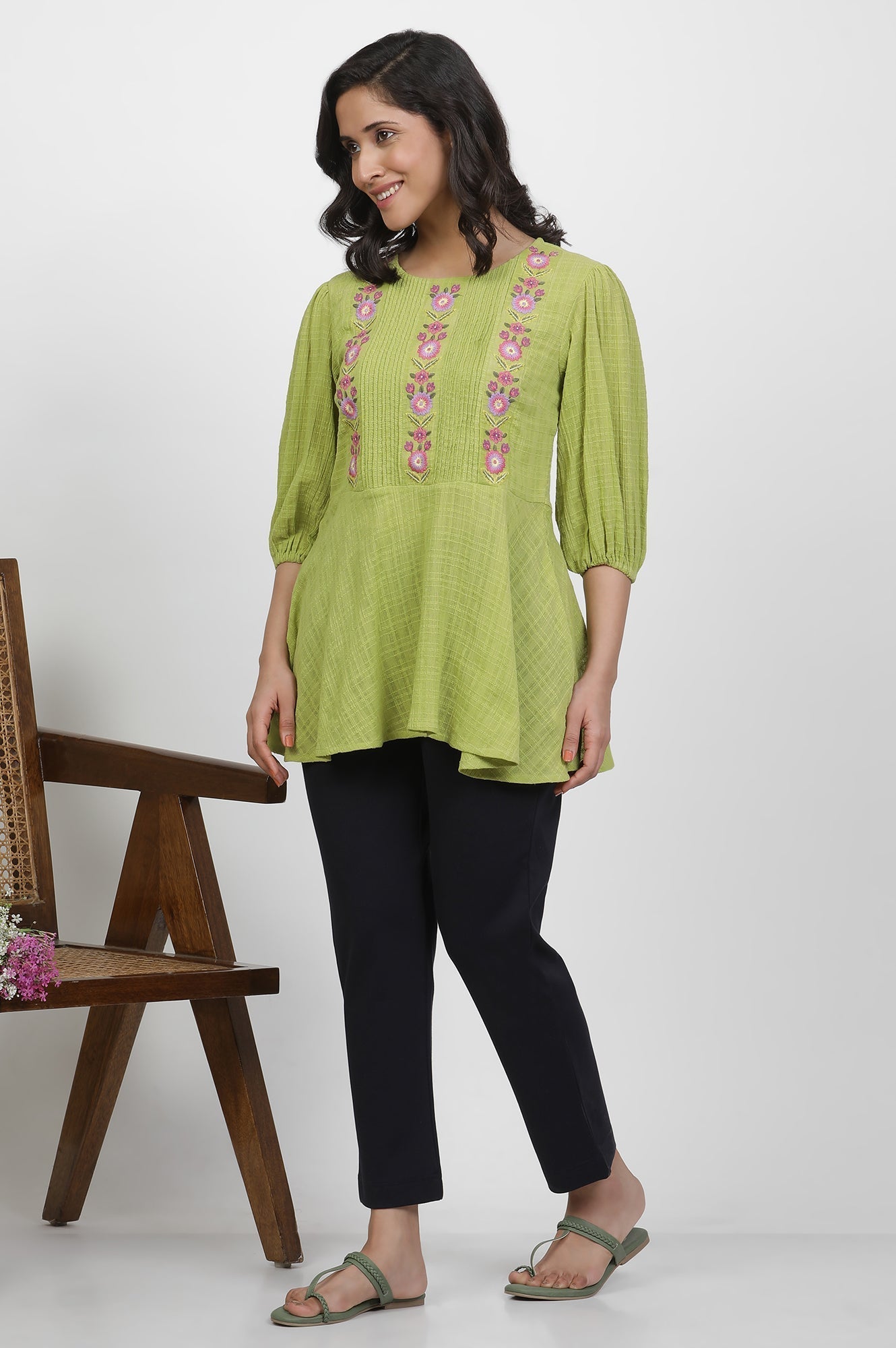 W for Woman Green Thread Embroidered Peplum Top | Grocsy