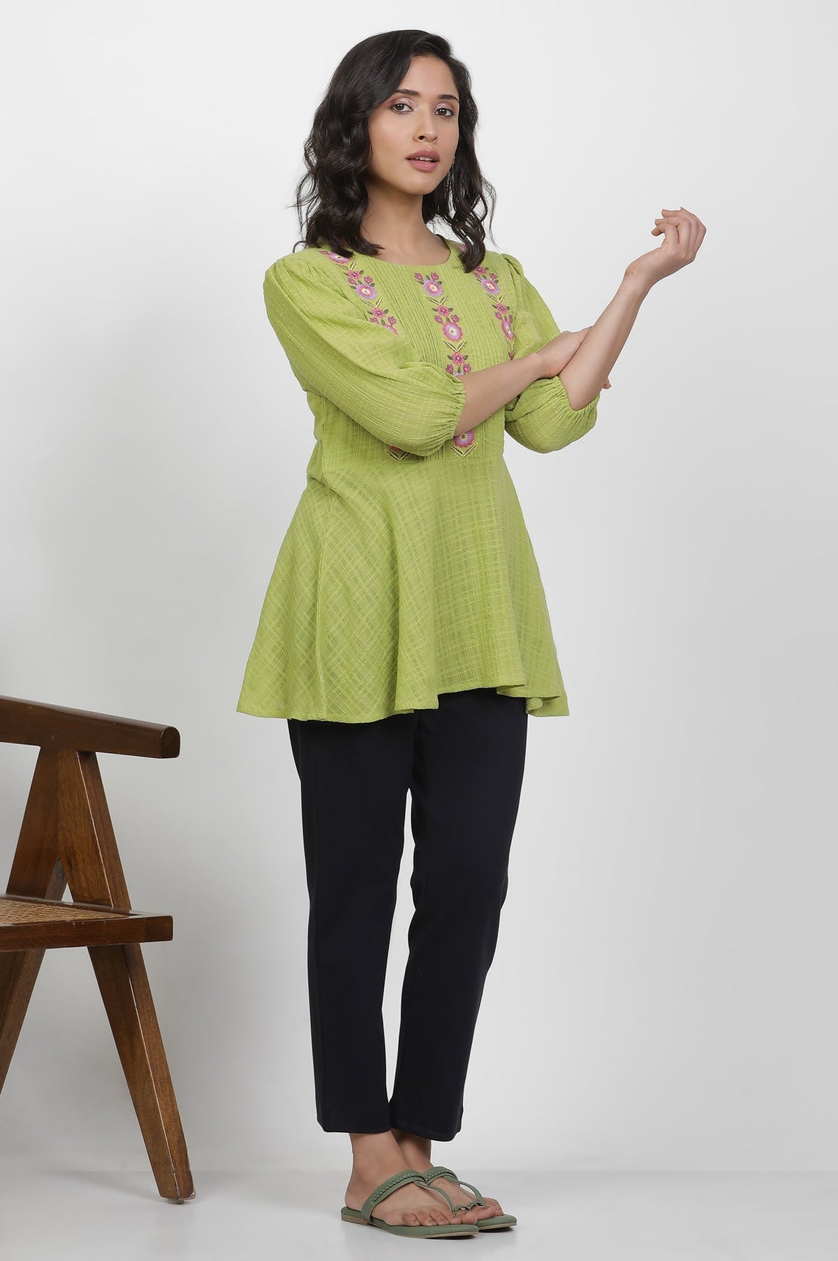 W for Woman Green Thread Embroidered Peplum Top | Grocsy