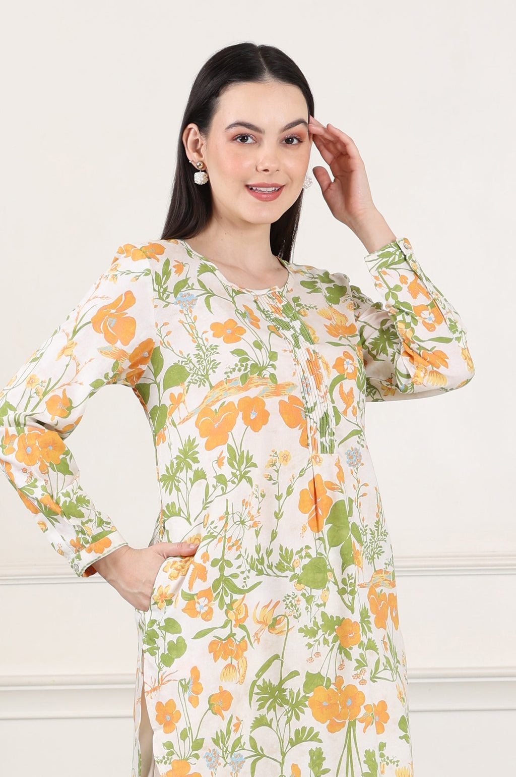 W for Woman White Floral Printed Rayon Tunic With Pintuck Placket | Grocsy