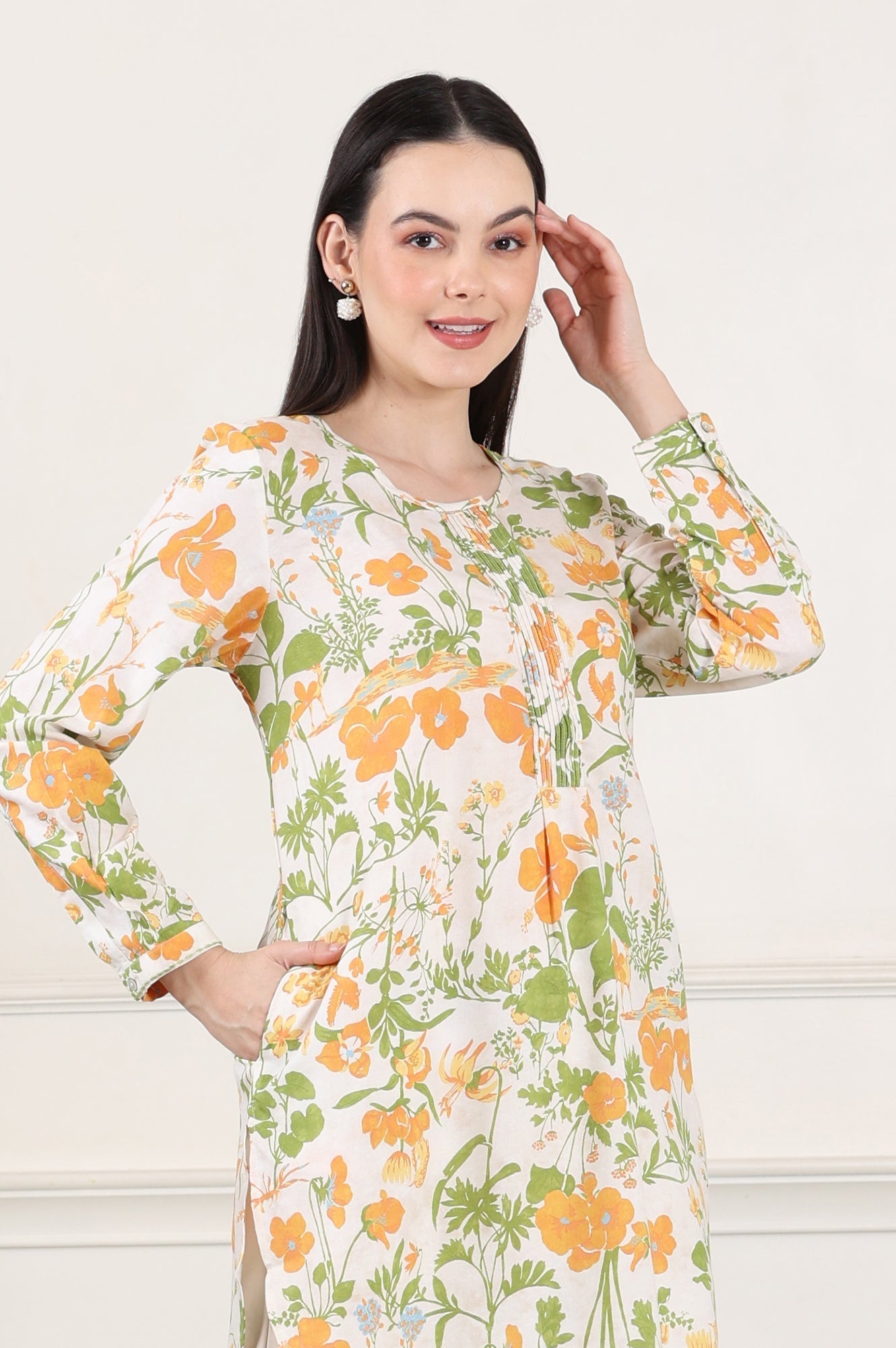 W for Woman White Floral Printed Rayon Tunic With Pintuck Placket | Grocsy