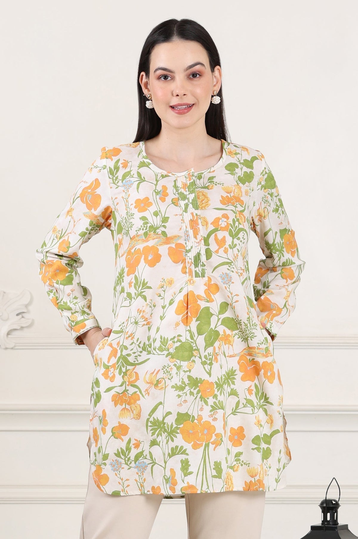 W for Woman White Floral Printed Rayon Tunic With Pintuck Placket | Grocsy