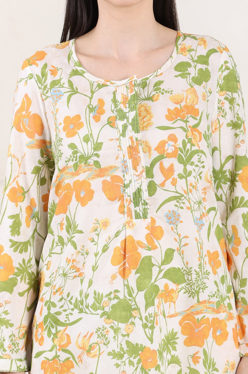 W for Woman White Floral Printed Rayon Tunic With Pintuck Placket | Grocsy