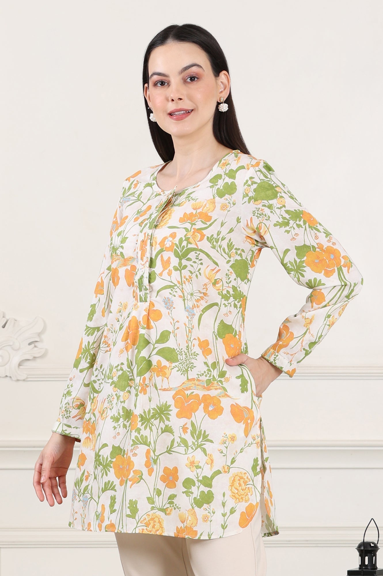 W for Woman White Floral Printed Rayon Tunic With Pintuck Placket | Grocsy