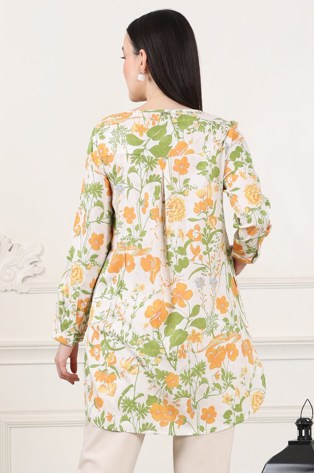 W for Woman White Floral Printed Rayon Tunic With Pintuck Placket | Grocsy