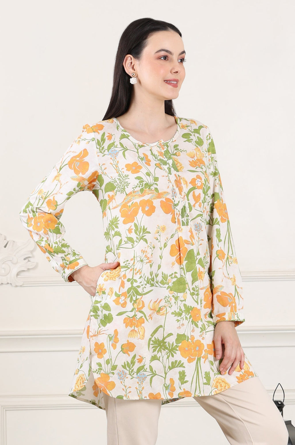 W for Woman White Floral Printed Rayon Tunic With Pintuck Placket | Grocsy