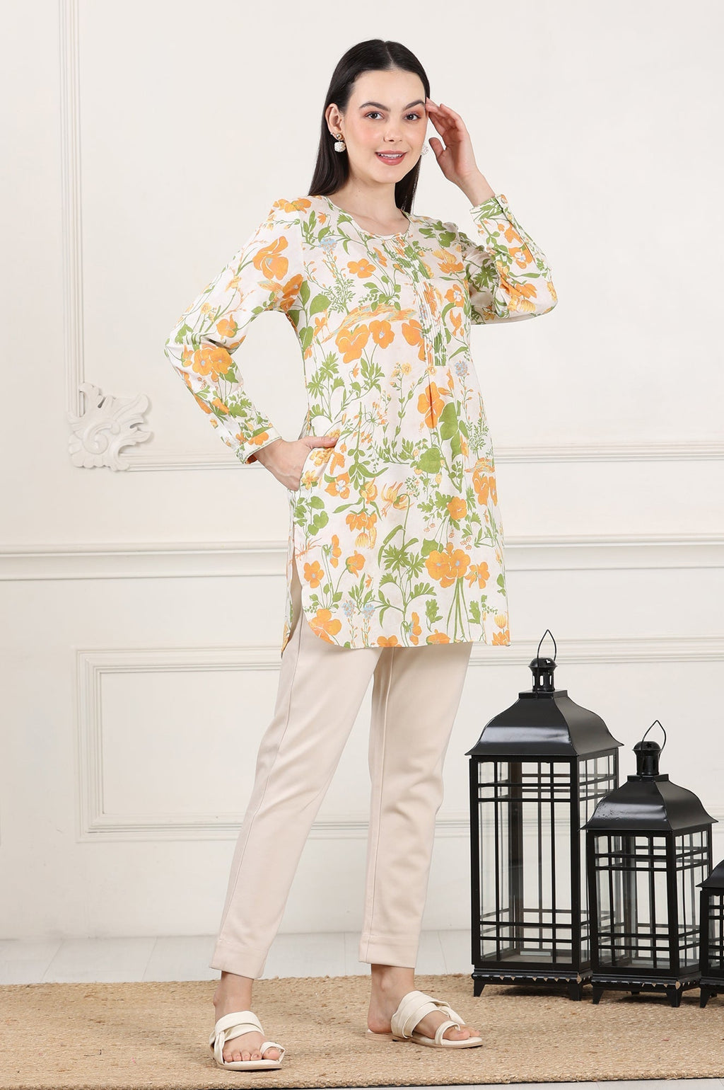 W for Woman White Floral Printed Rayon Tunic With Pintuck Placket | Grocsy