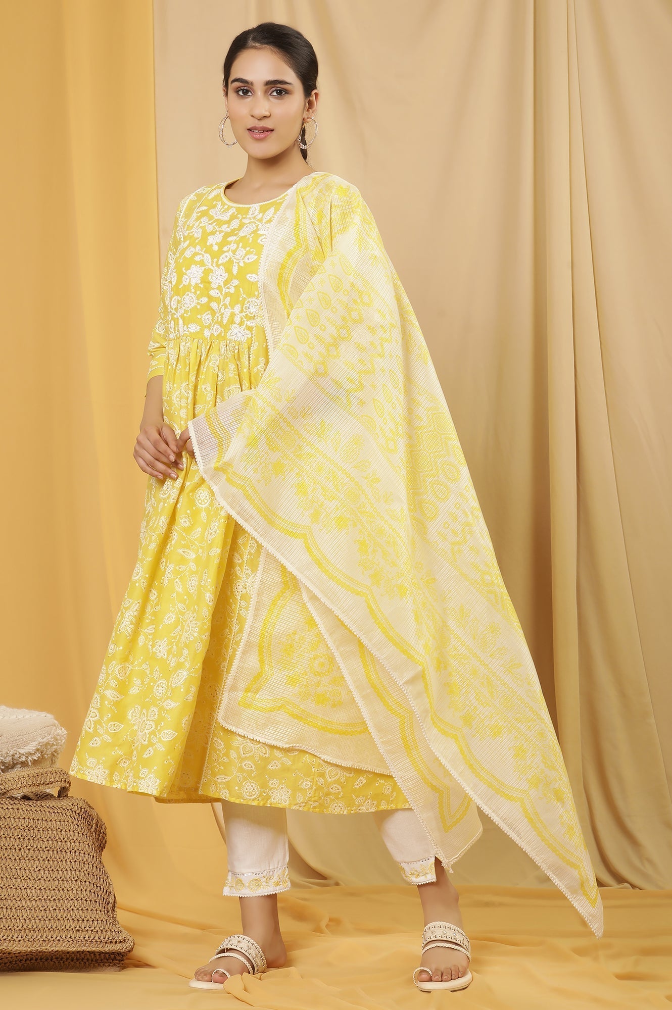 W for Woman White And Yellow Floral Printed Kota Dupatta | Grocsy