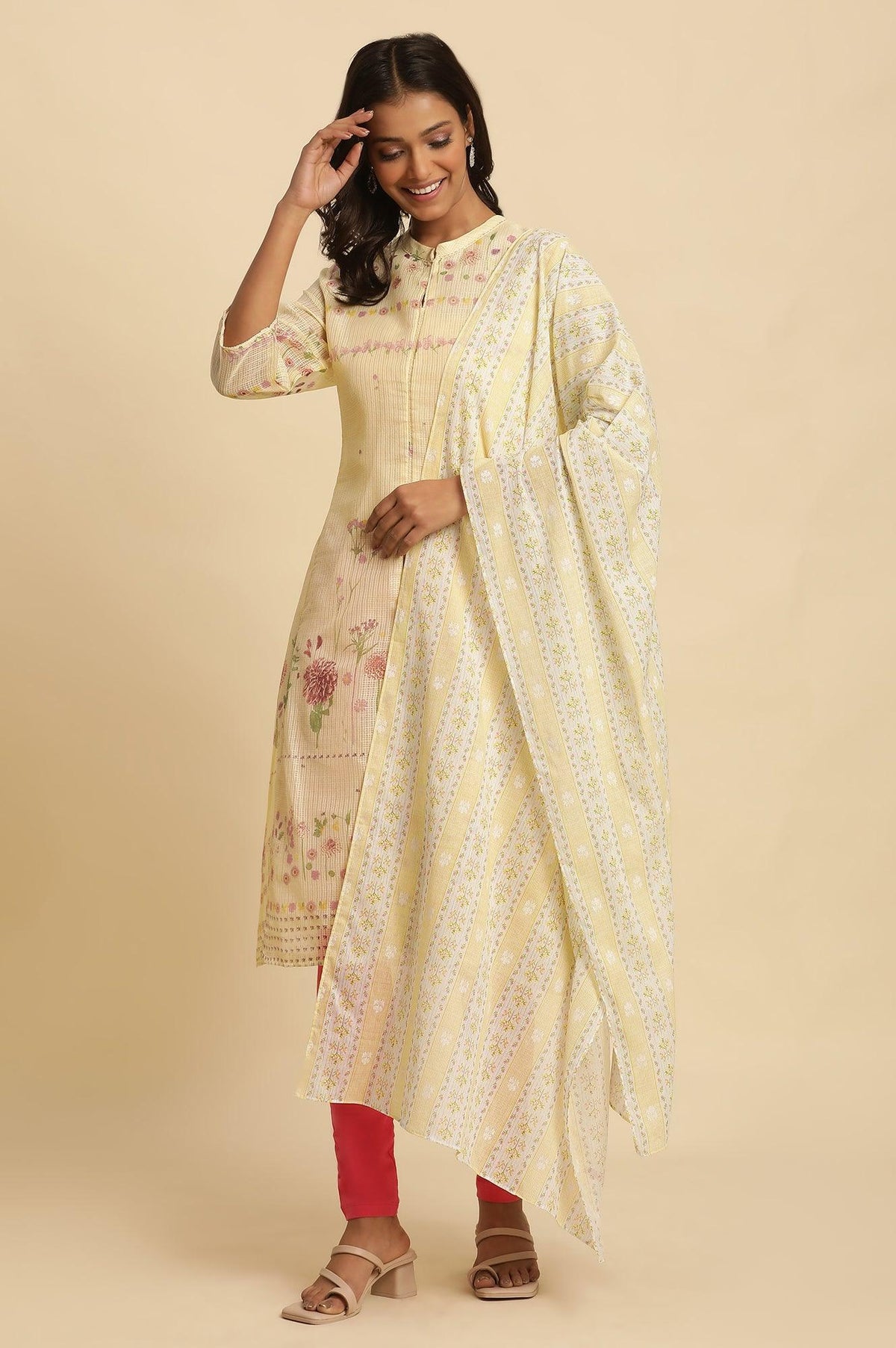 W for Woman Yellow Floral Printed Cotton Dupatta | Grocsy