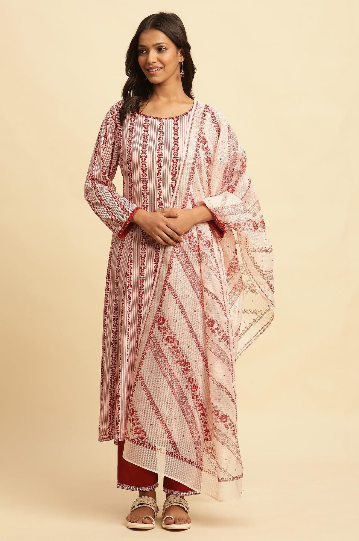 W for Woman White And Red Printed Kota Dupatta | Grocsy