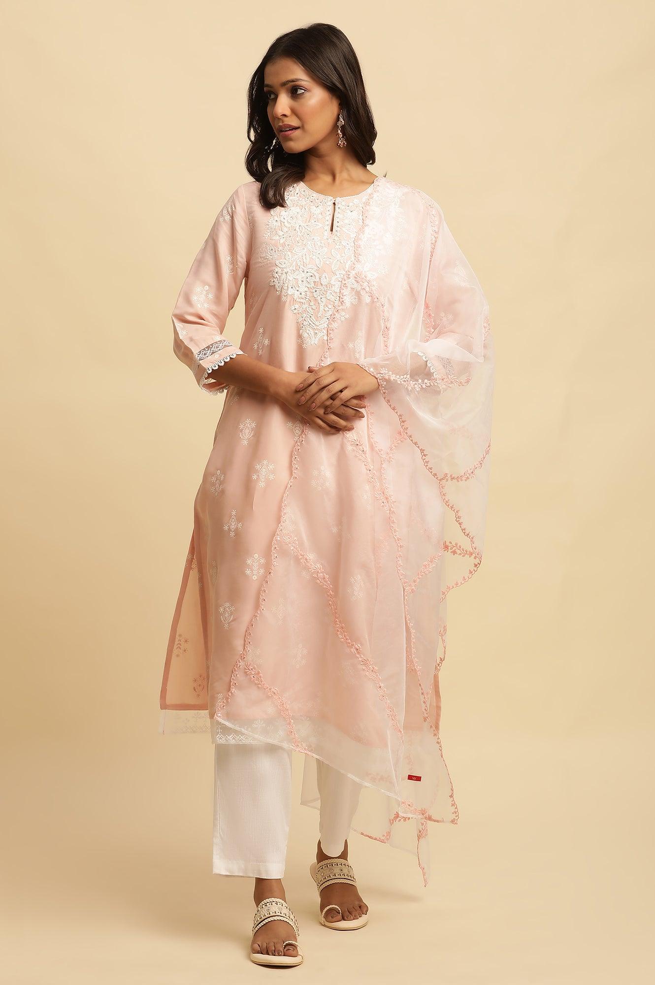 W for Woman Ecru Organza Dupatta With Thread Embroidery | Grocsy