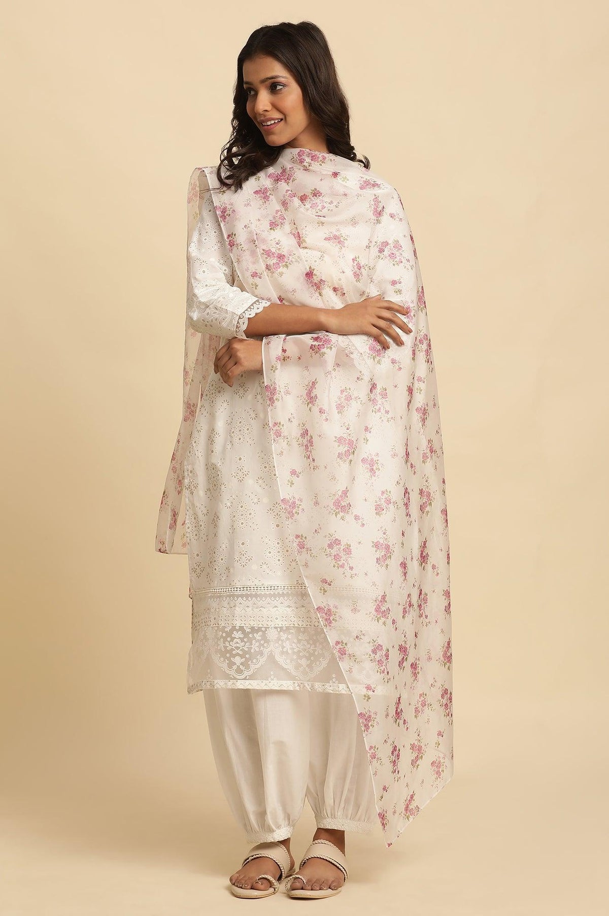 W for Woman White Floral Printed Organza Dupatta | Grocsy