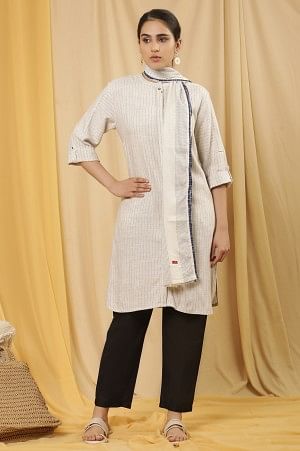 W for Woman White And Blue Yarn Dyed Cotton Dupatta | Grocsy