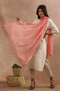 W for Woman Coral Pink Chiffon Dupatta With Lehariya Stripe Print | Grocsy