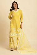 W for Woman Yellow Chikankari Embroidered Kurta, Sharara And Dupatta Set | Grocsy