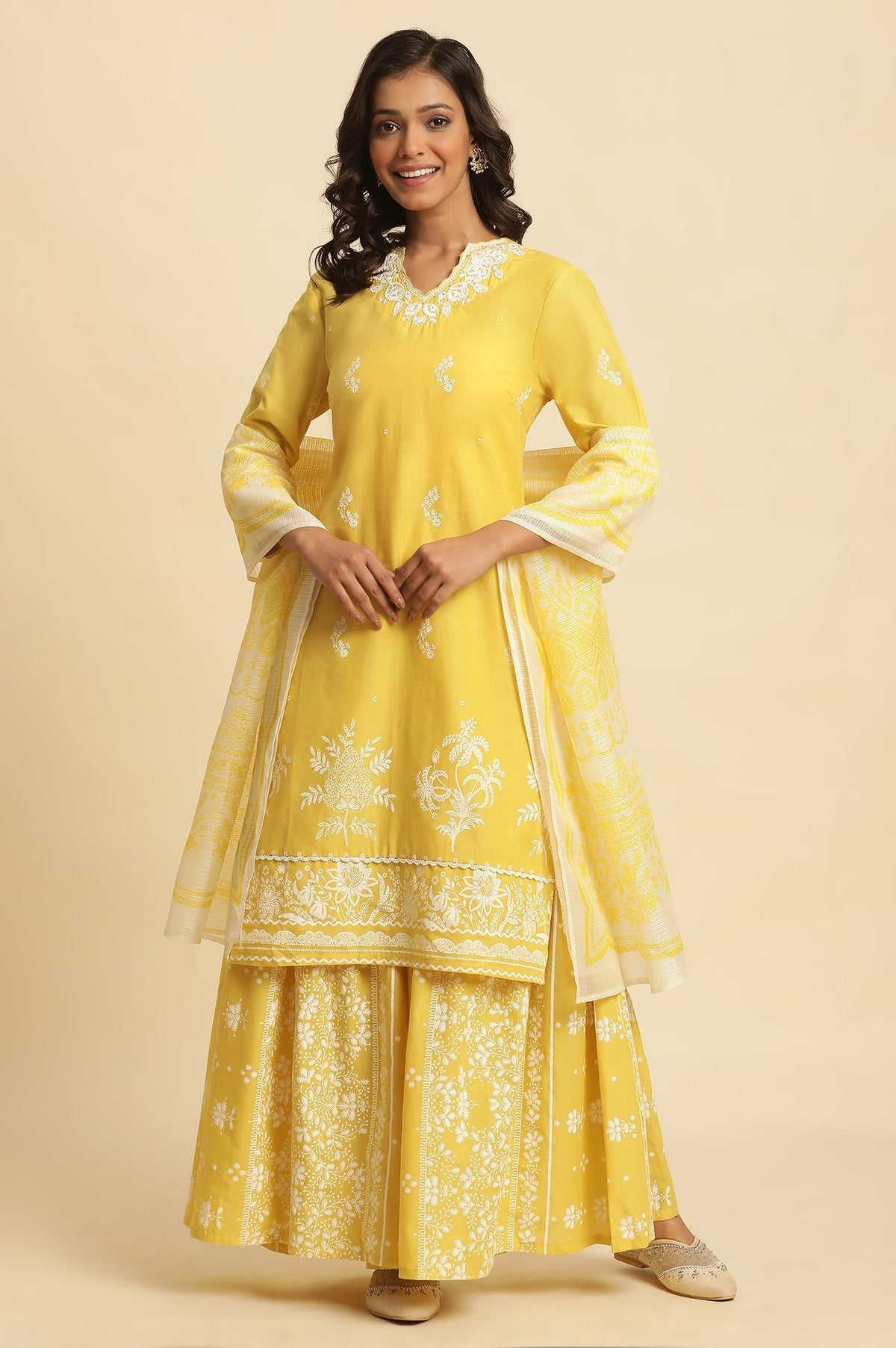 W for Woman Yellow Chikankari Embroidered Kurta, Sharara And Dupatta Set | Grocsy