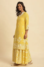 W for Woman Yellow Chikankari Embroidered Kurta, Sharara And Dupatta Set | Grocsy