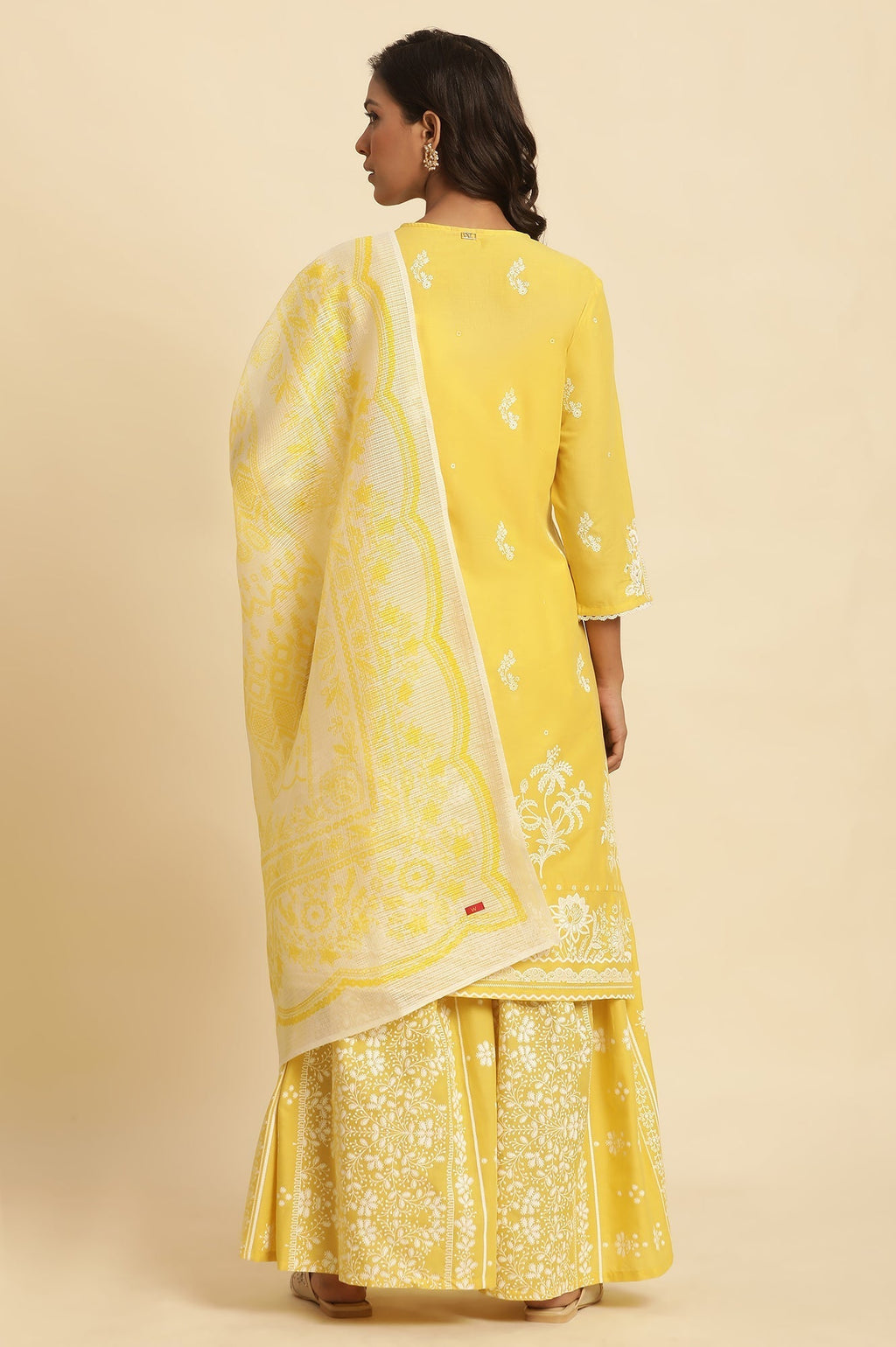 W for Woman Yellow Chikankari Embroidered Kurta, Sharara And Dupatta Set | Grocsy