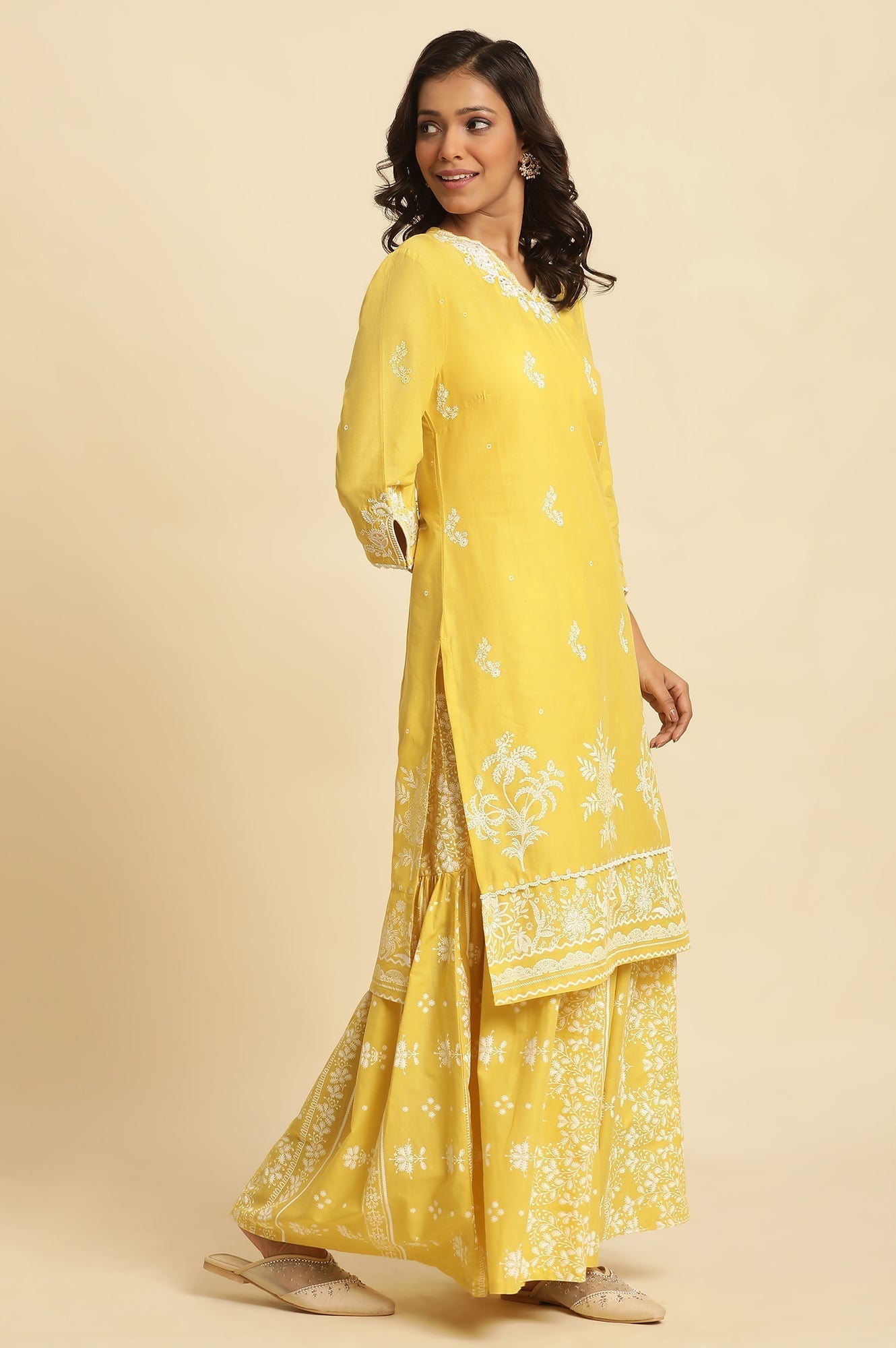 W for Woman Yellow Chikankari Embroidered Kurta, Sharara And Dupatta Set | Grocsy
