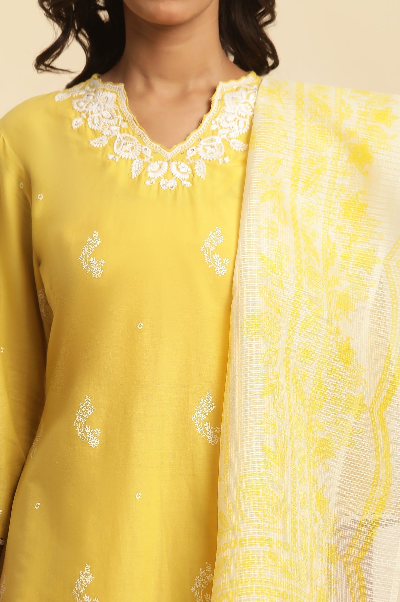 W for Woman Yellow Chikankari Embroidered Kurta, Sharara And Dupatta Set | Grocsy