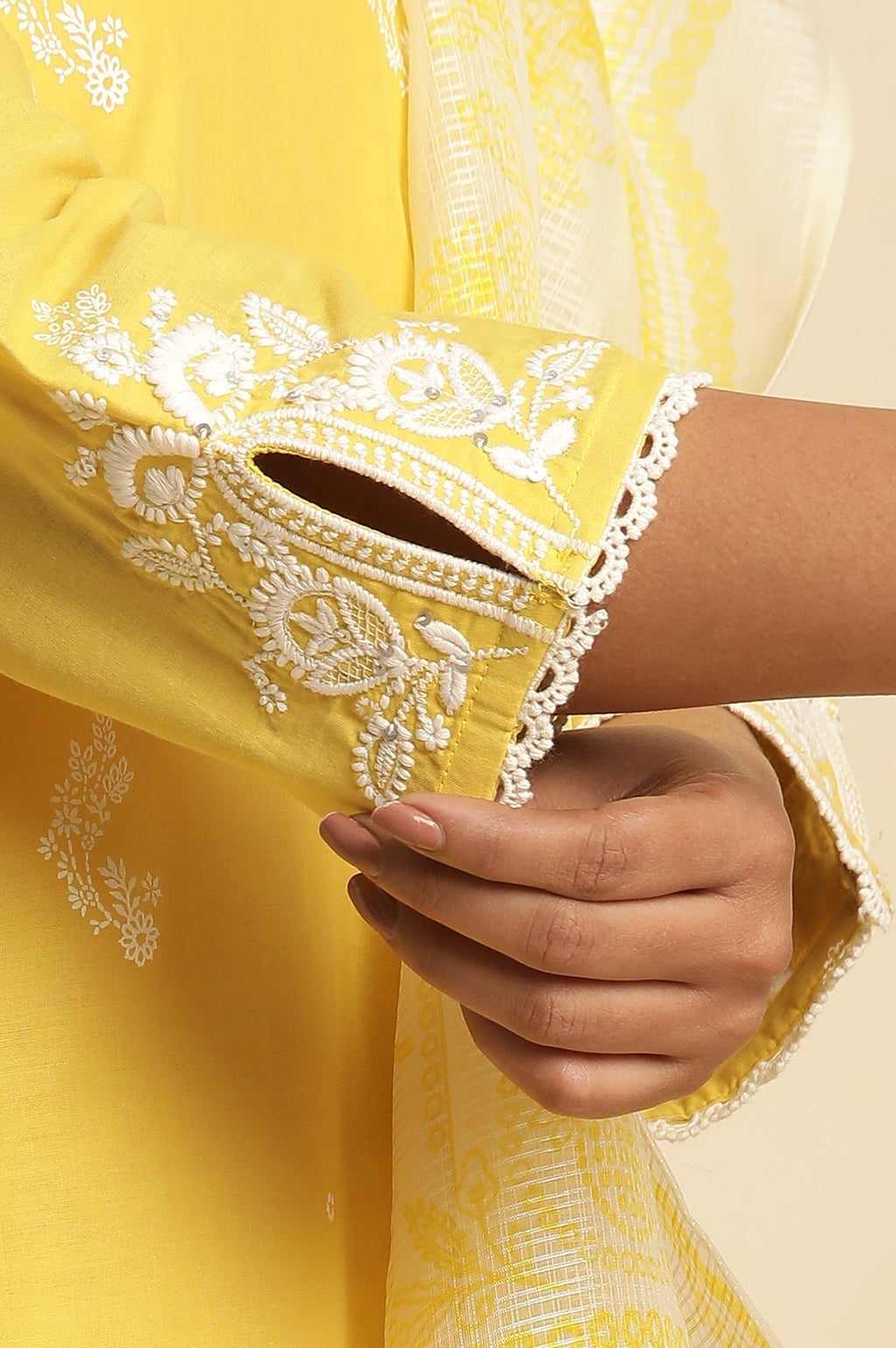 W for Woman Yellow Chikankari Embroidered Kurta, Sharara And Dupatta Set | Grocsy