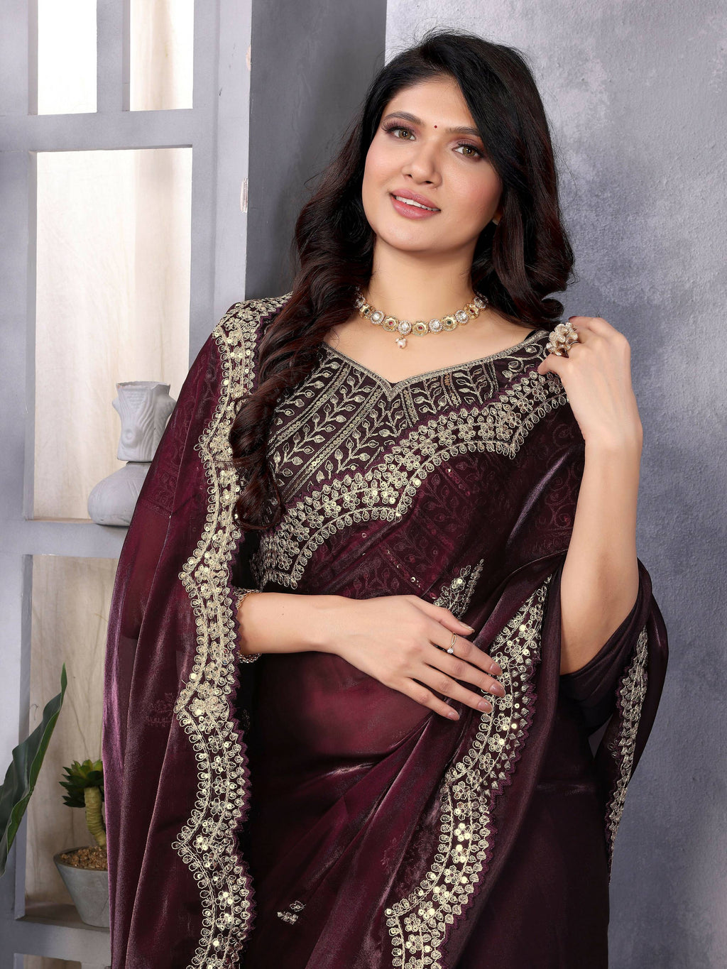 Vastranavya Wine Embroidery Work Shimmer Chiffon Saree with Unstitched Blouse | Grocsy