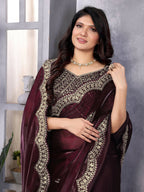 Vastranavya Wine Embroidery Work Shimmer Chiffon Saree with Unstitched Blouse | Grocsy