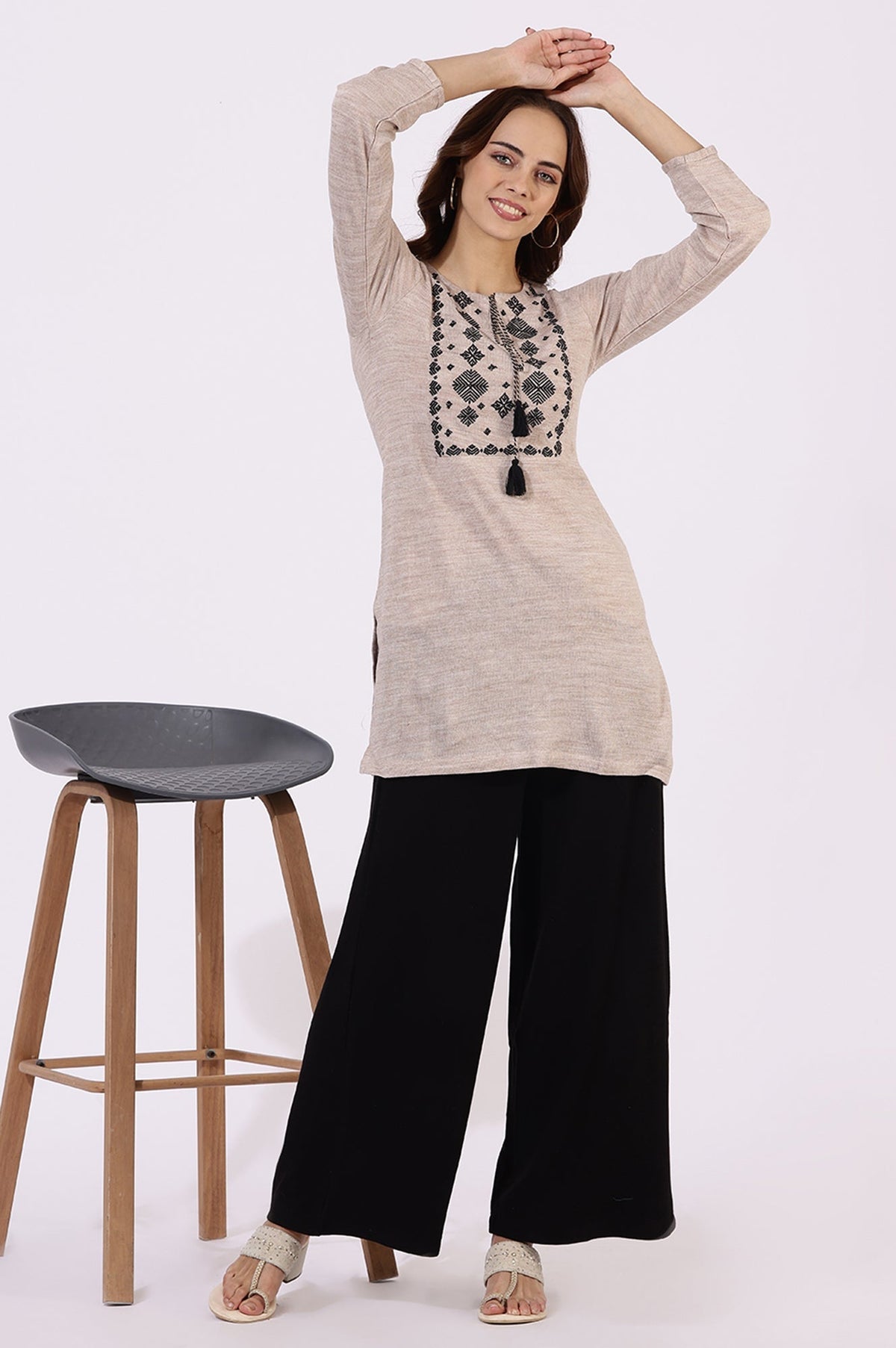 W for Woman Off White Solid Thread Work Acrylic Straight Tunic | Grocsy