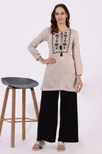 W for Woman Off White Solid Thread Work Acrylic Straight Tunic | Grocsy