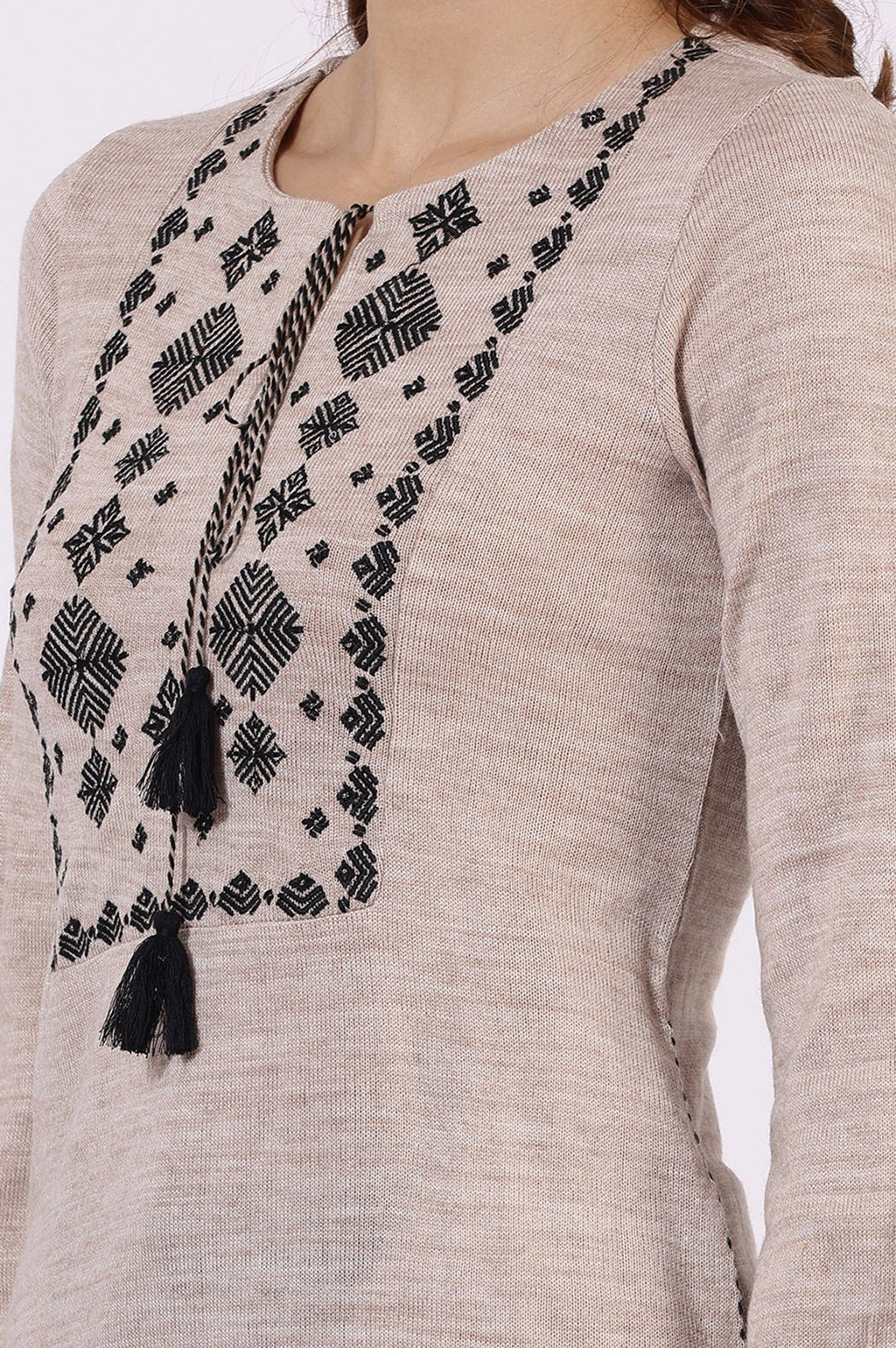 W for Woman Off White Solid Thread Work Acrylic Straight Tunic | Grocsy