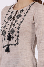 W for Woman Off White Solid Thread Work Acrylic Straight Tunic | Grocsy
